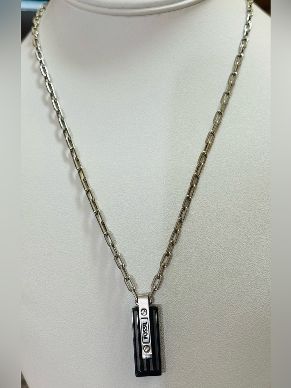 Fossil Men’s Stainless Steel and Black Bar Pendant Necklace